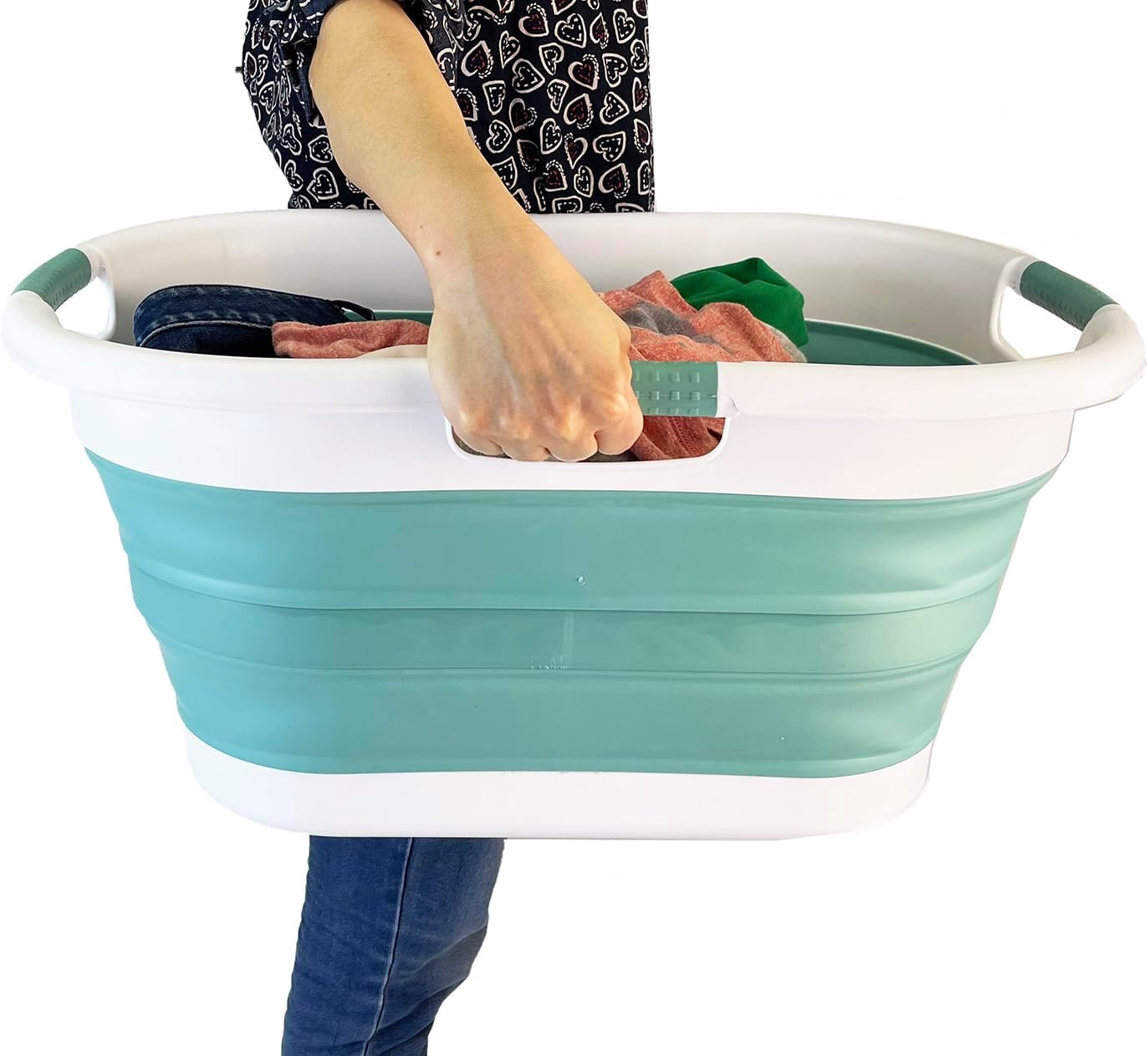 SAMMART 40L (10.5 gallon) Collapsible Plastic Laundry Basket - Foldable Storage Container- Portable Washing Tub - Space Saving Hamper (1, White/Celadon Green)