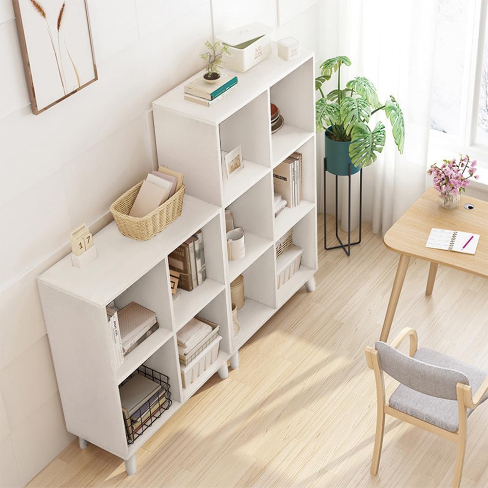 IOTXY Open Cube Low Bookcase - 3-Tier Freestanding Storage Display Cabinet Organizer with Legs for Home Office, 9-Cubes Open Shelf Short Bookshelf, White