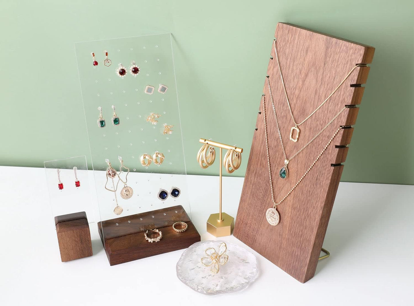 GemeShou walnut earring display for selling jewelry, wooden earring holder for studs display, small jewelry studs display board for show【Wood stand with acrylic board-Walnut】