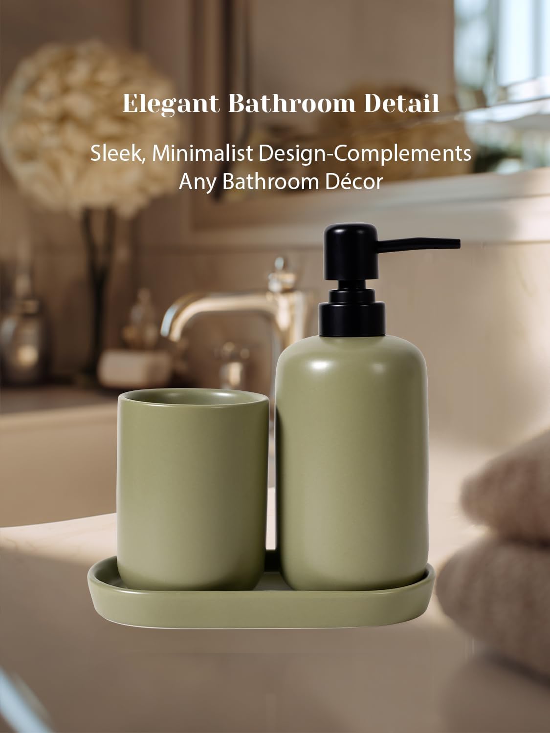 INGOFIN 3 Pcs Ceramic Bathroom Accessory Set - Liquid Soap Dispenser, Toothbrush Holder & Tray, Bathroom Counter Set, Countertop Essentials for Home, Guest Bathroom, or Office Use, Dark Green