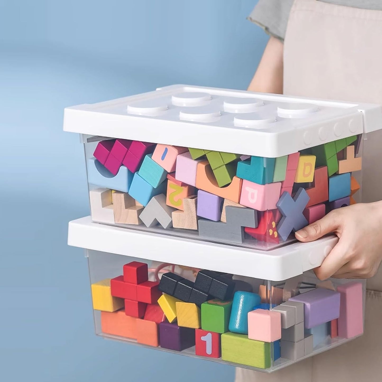 loobuu Plastic Storage Bins with Lids - Stackable Toy Storage Organizer Box Set of 2, Toy Chests with Compatible Building Baseplate and Lid, Storage Container for Building Bricks & Toys- White