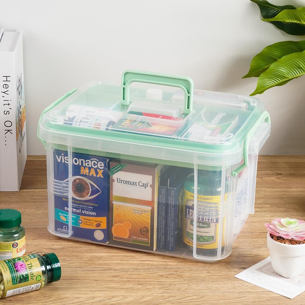 15qt Clear Medicine Organizer Storage Box with Tray, Plastic First Aid Box Empty, Thickened Medicine Container Chest, Multipurpose Medical Case with Labels, Medicine Caddy with Lids Handles