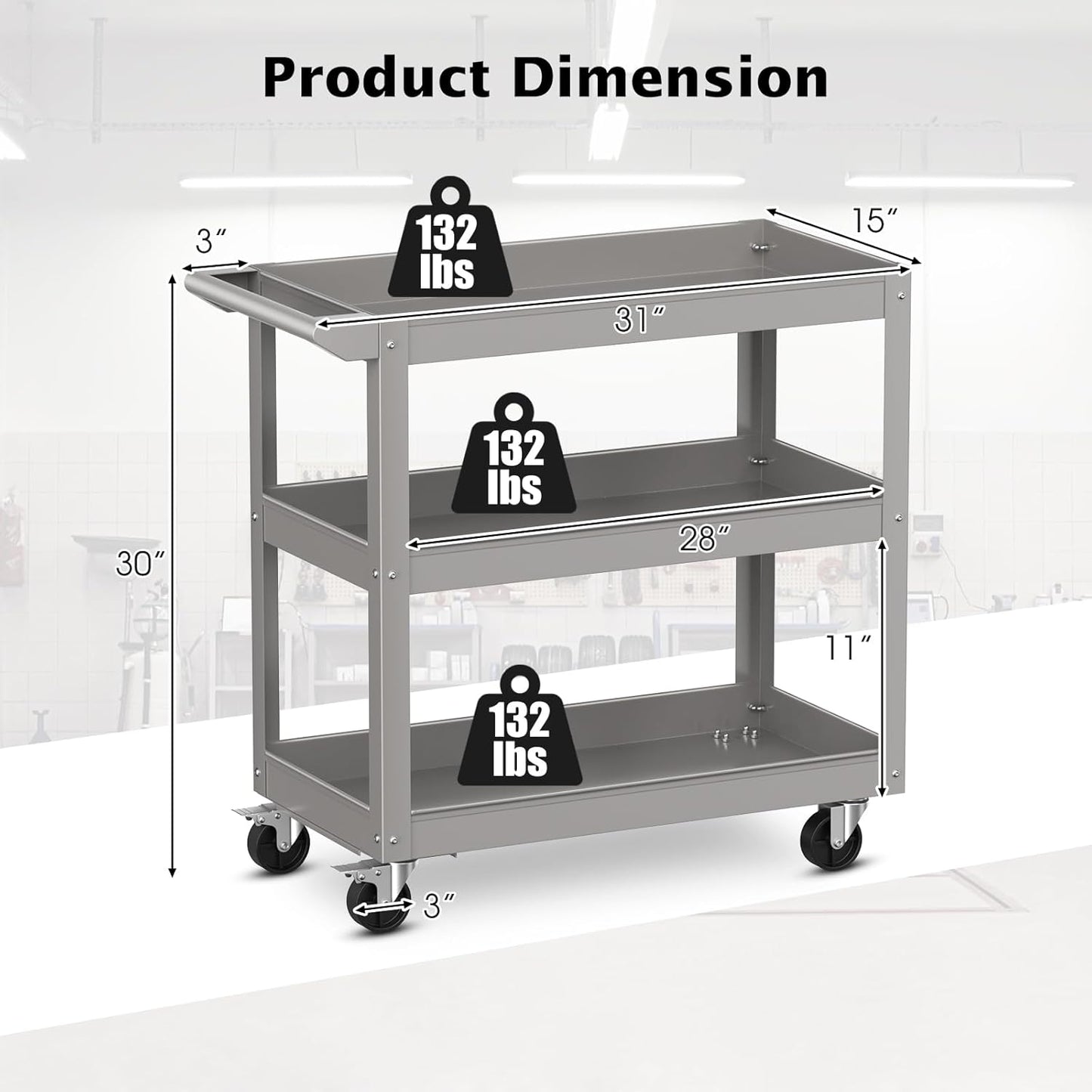 Goplus 3-Layer Service Utility Cart, Heavy Duty Unity Cart with Flat Handle, 2 Lockable Universal Wheel, 400 lbs Capacity, Rolling Tool Cart for Garage, Kitchen, Hotel, Office, Workshop Grey