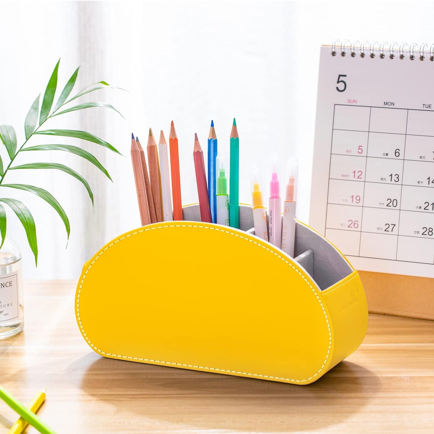 Remote Control Holders Organizer Box with 5 Compartment PU Leather Multi-functional Office Desk Storage Caddy Store Tv Remote for Media Player,Brush,Pencil,Glassees&Office Supplies (Yellow)