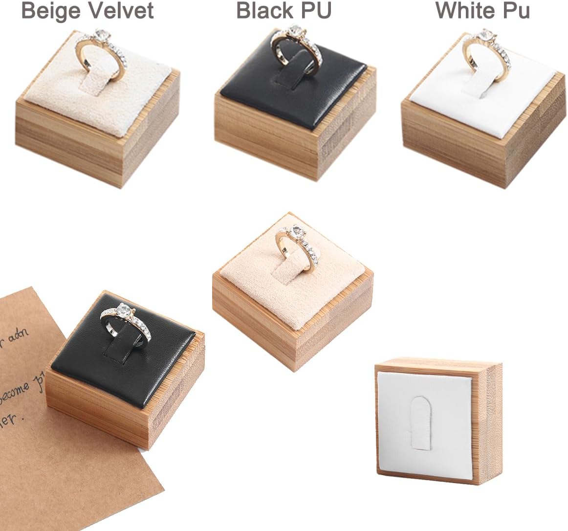 Coward Bamboo 6 Pcs Rings Display Stand for Selling Velvet Jewelry Ring Holder Organizer for Drawer Storage (Beige Velvet)