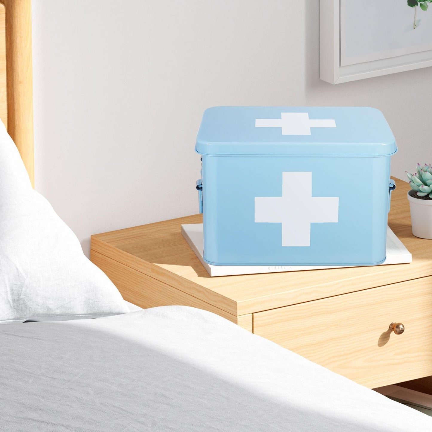 Flexzion First Aid Organizer, 8.5 Inch Blue Vintage Metal Kit Tin With Dividers, Removable Tray and Cross Logo - Empty Medical Storage Container
