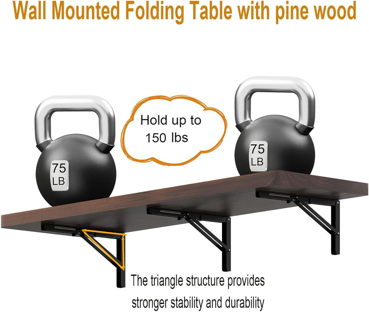 IAE Wall Mounted Folding Table with Pine Wood,55" x 16" Floating Wall Desk,Laundry Folding Table with Shelf Brackets,Fold Down Desk Shelf,Folding Workbench for Home,Dining,Laundry Room,Kitchen,Brown