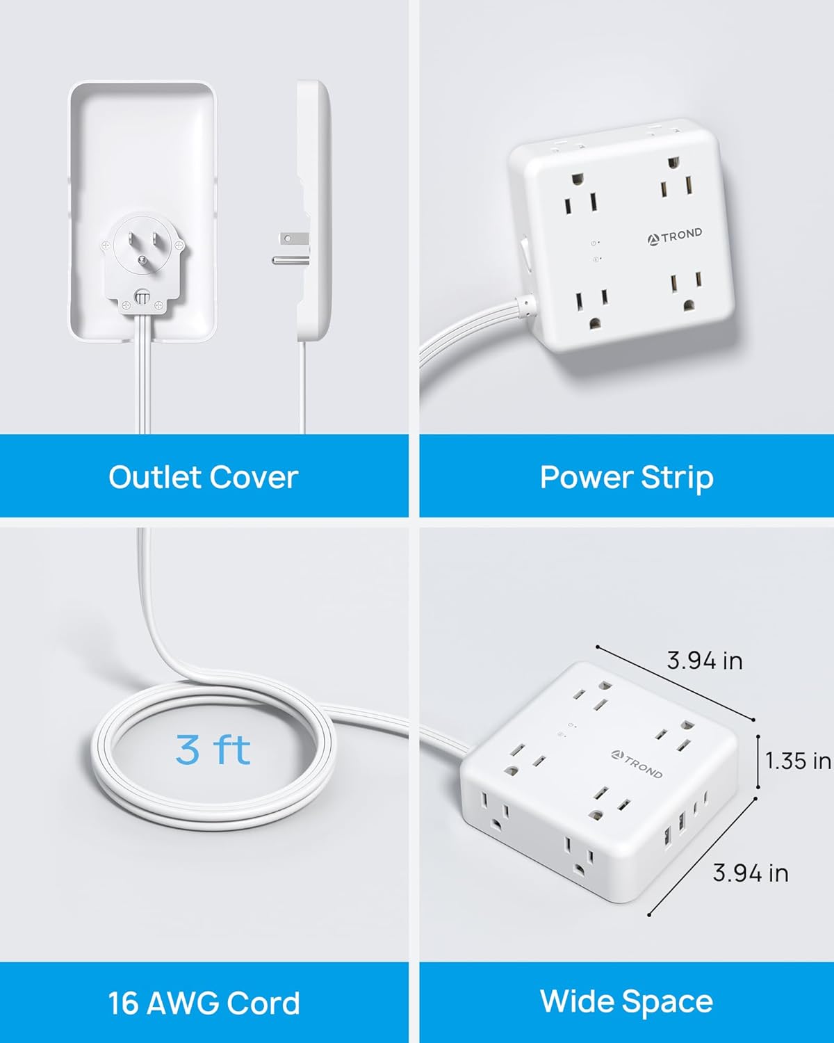 TROND Power Strip with Outlet Cover - Short Flat Extension Cord 3FT with 8 AC Outlets & 4 USB Ports, 13A/1625W, 1700J Surge Protector, Indoor Cord Concealer for Kitchen Home Improvement Essentials