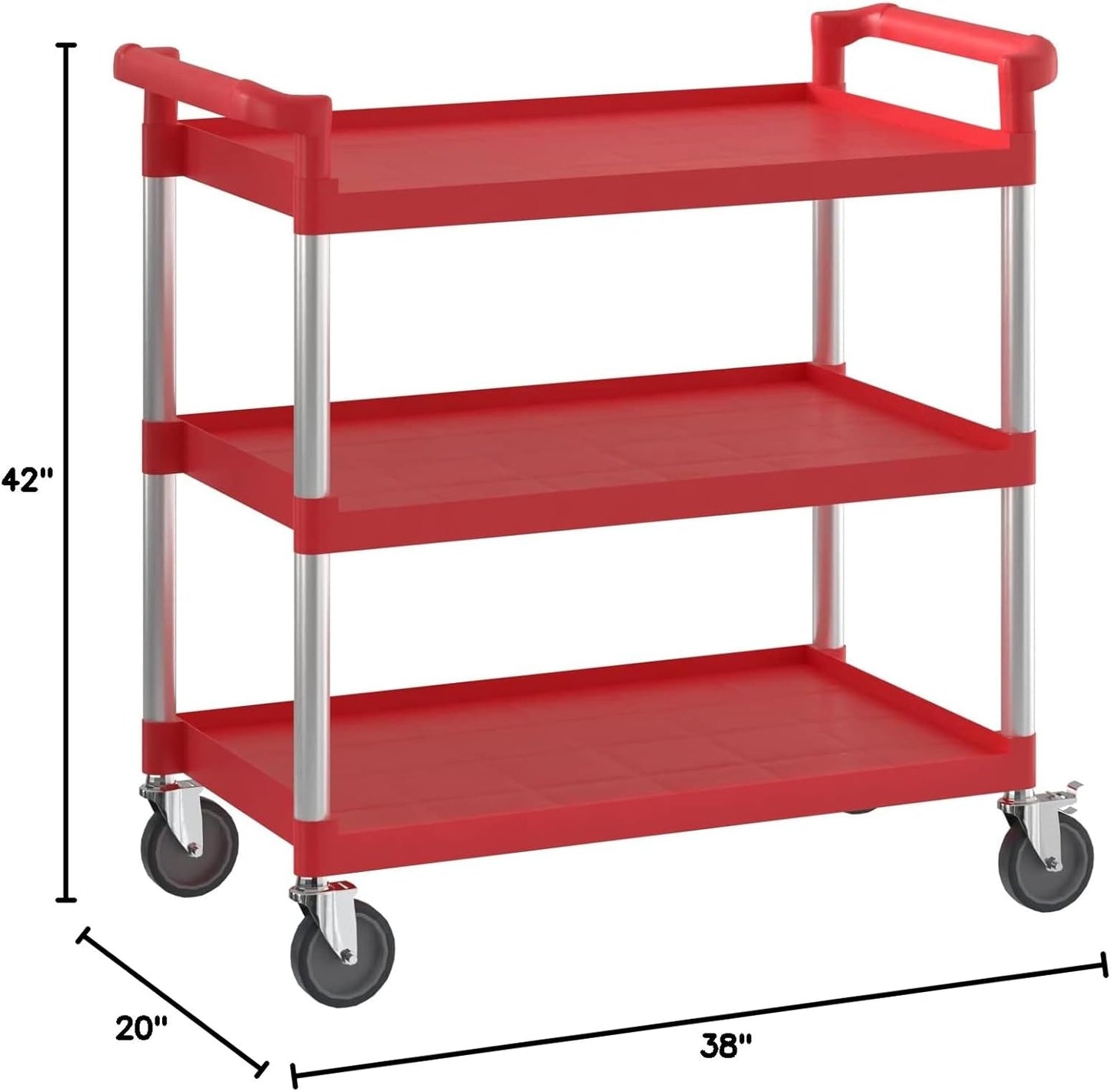 Red Utility/Bussing Cart with Three Shelves - 42" x 20"