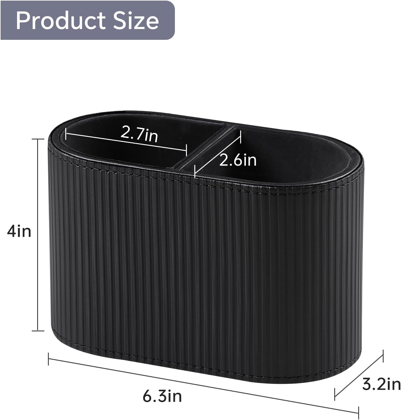 PU Leather Pen Holder for Desk, Small Remote Control Holder Pencil Cup Multifunctional Desktop Organizer Caddy for Home School Office Desk Accessories - 2 Compartments (Black Ribbed Texture)