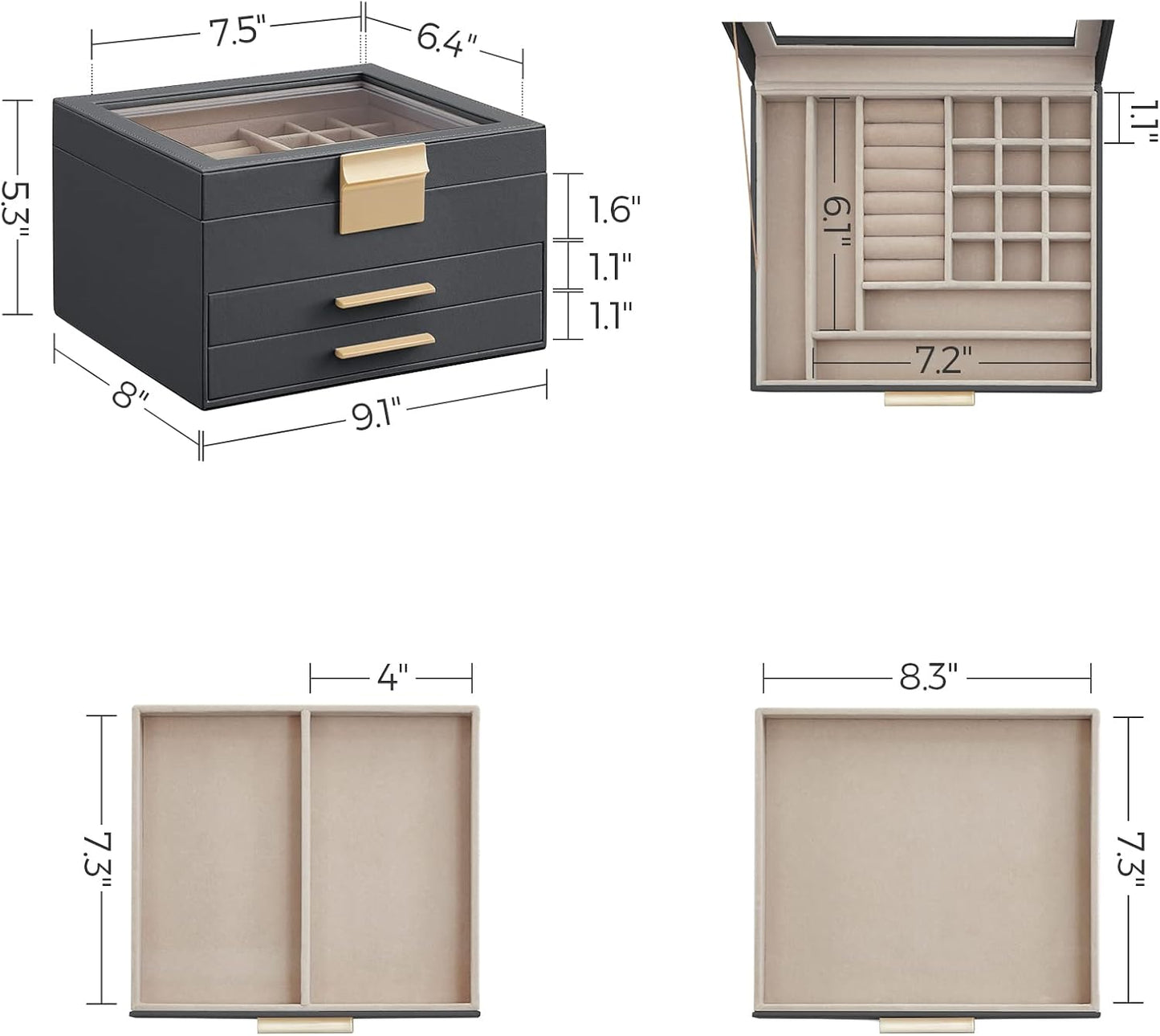 SONGMICS Jewelry Box Organizer with Glass Lid, 3-Layer Jewelry Storage, with 2 Drawers, Modern Style, Christmas Gift, 8 x 9.1 x 5.3 Inches, Interstellar Gray and Gold Color UJBC239G02
