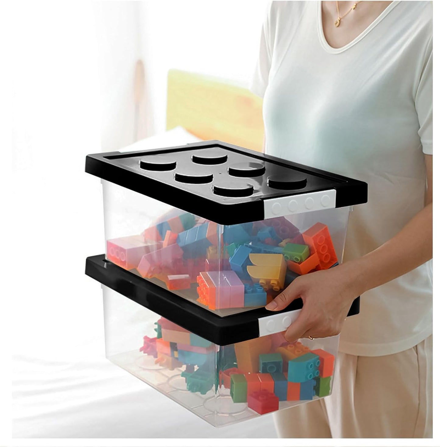 loobuu Plastic Storage Bins with Lids - Stackable Toy Storage Organizer Box Set of 2, Toy Chests with Compatible Building Baseplate and Lid, Storage Container for Building Bricks & Toys- Black