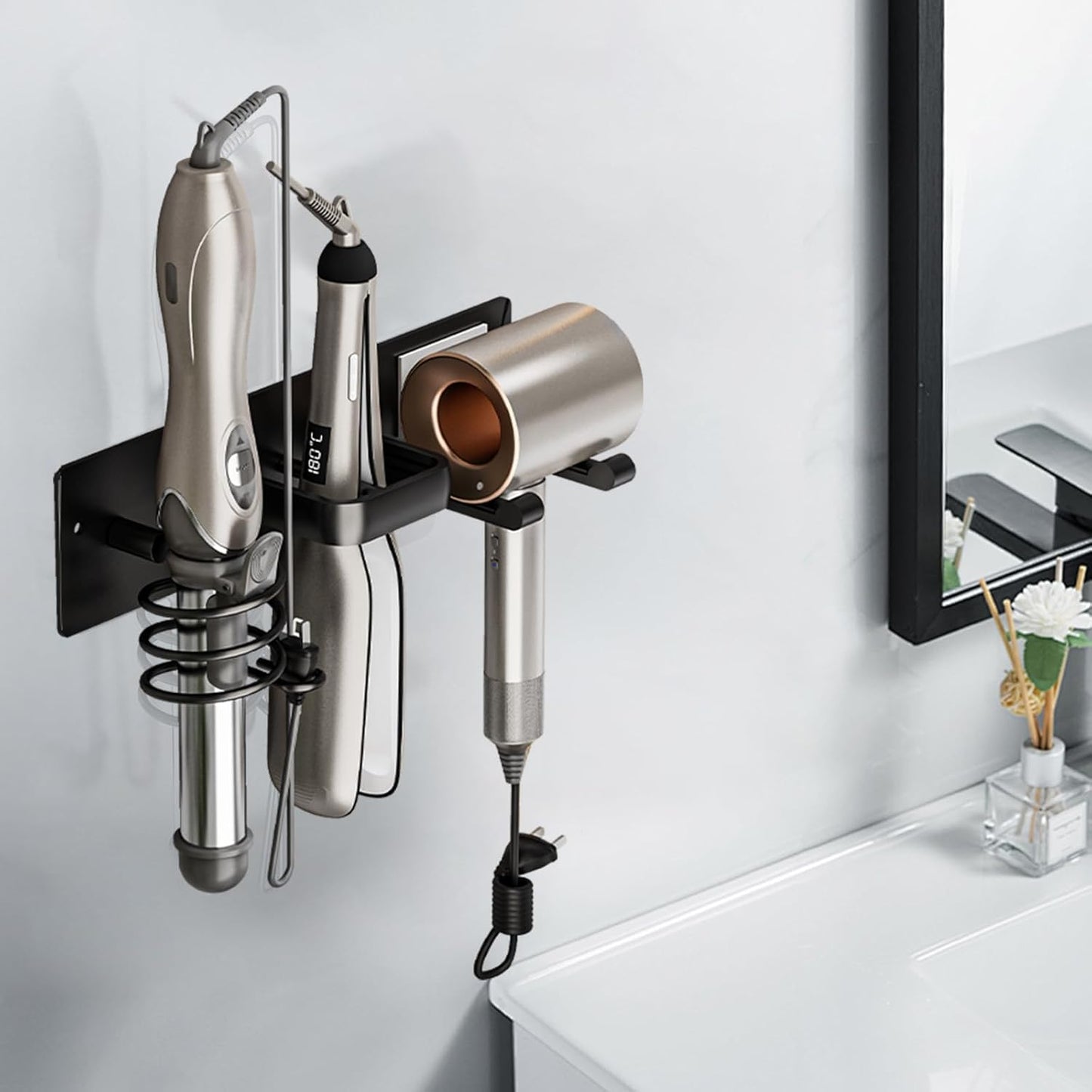 Hair Dryer Holder Wall Mounted,Blow Dryer, Curling Iron, Straightener Holder 3 in 1 Bathroom Metal Hair Tool Organizer Rack-BLACK-2