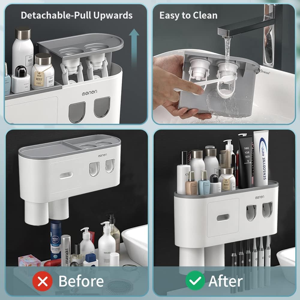 Toothbrush Holders Wall Mounted, Toothbrush Holder with Automatic Toothpaste Dispensers, 6 Brush Slots, 2 Magnetic Cups,1 Cosmetic Drawer Organizer and 1 Large Storage Tray