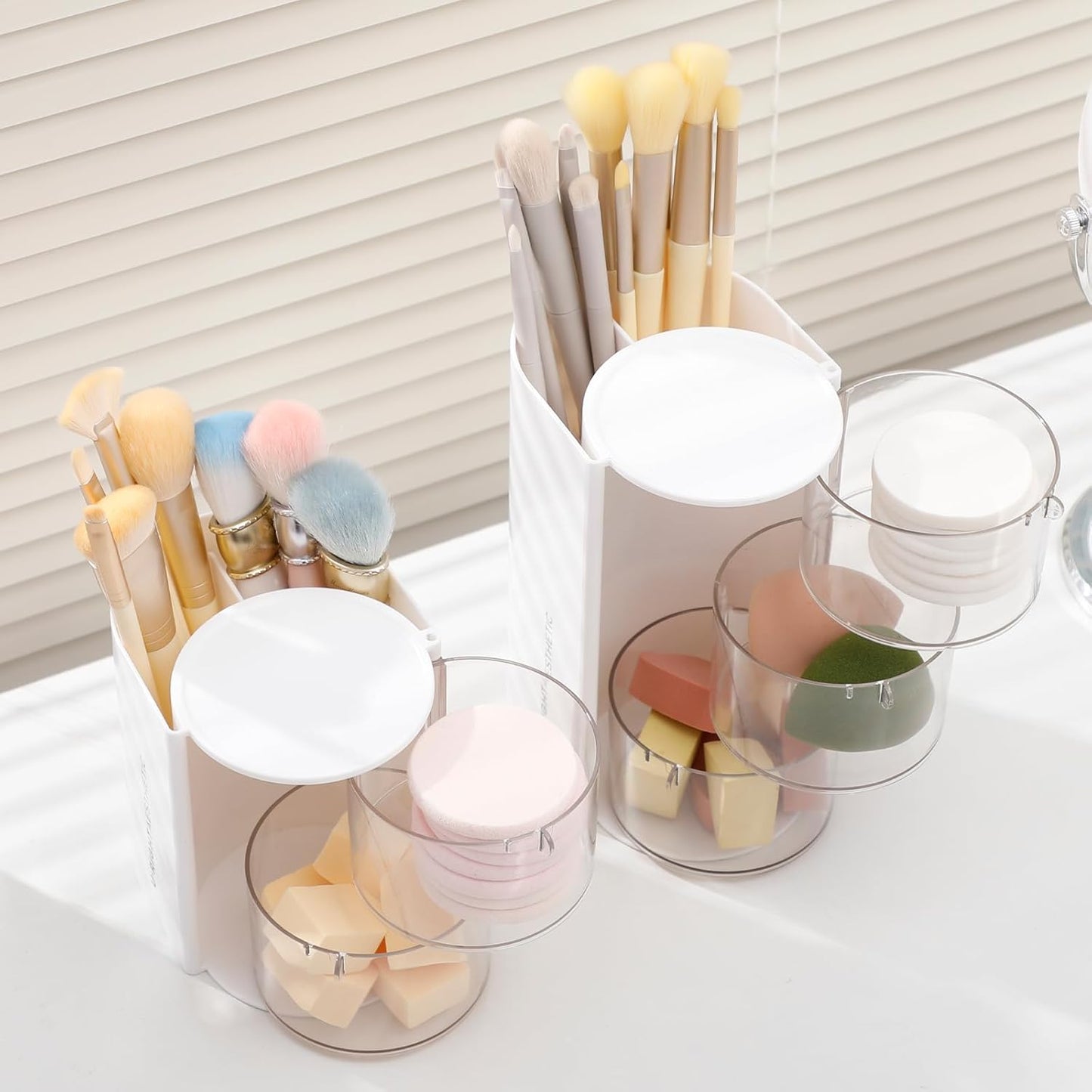 FABROK 3-Layer Clear Hair Accessories Organizer with Hair Brushes Holder, Rotatable Small Jewelry Box for Clip Earring Necklaces, Desktop Organizer Case for Cotton Swab, Accessories