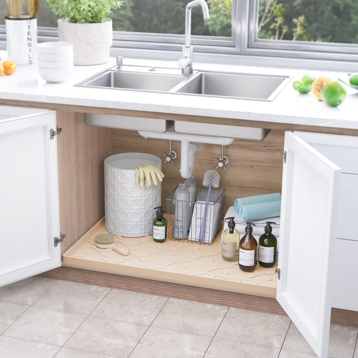 SIKADEER 34" x 22" Under Sink Mat Waterproof, Silicone Mat Kitchen Drawer Shelf and Cabinet Liner, Sink Protector for Kitchen Organizers and Storage, Boot Tray Pet Food Mats