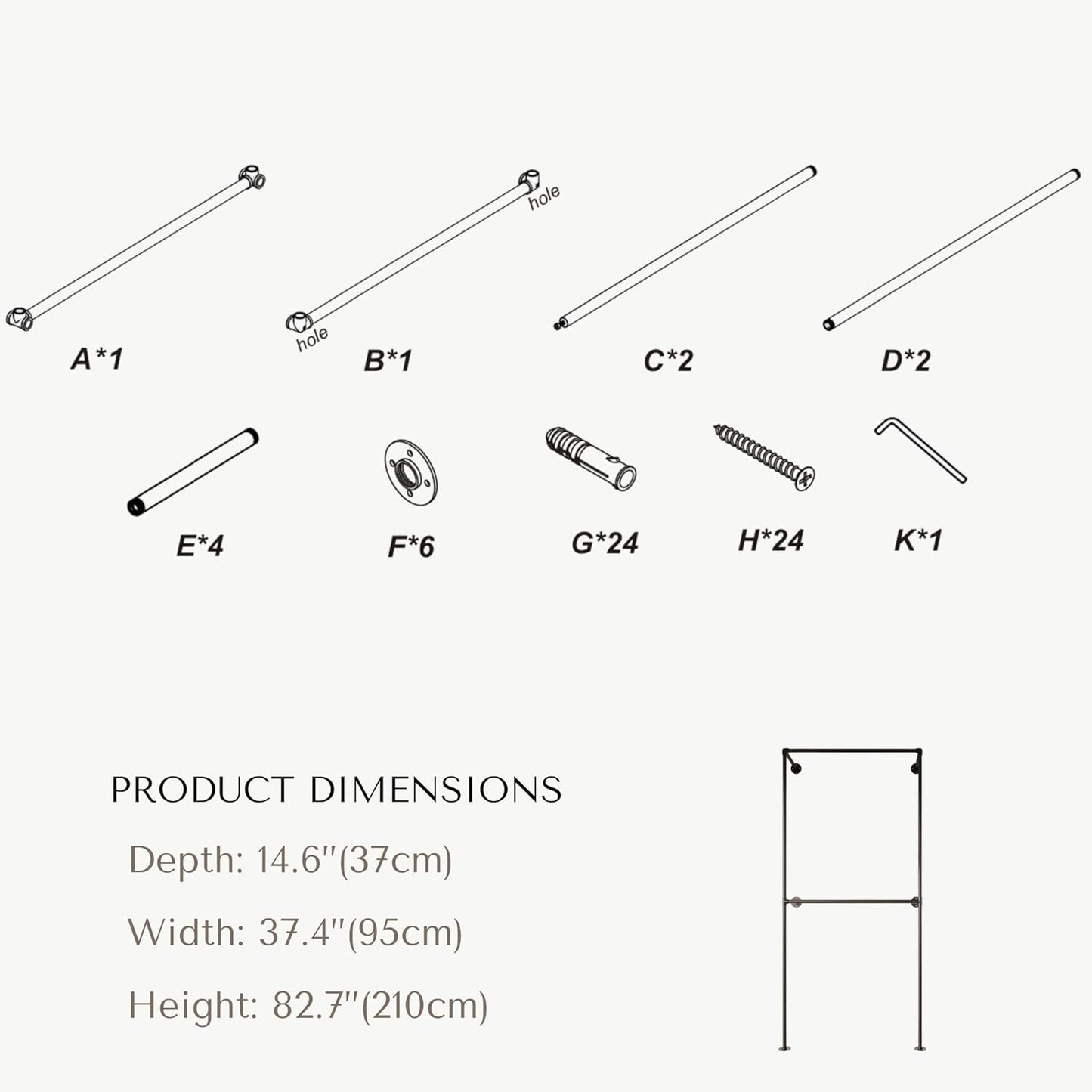 Industrial Pipe Clothing Rack, Heavy Duty Wall Mounted Clothes Rack,Retail Display Hanging Garment Rod for Laundry Room, Closet Storage - 14.6x37.4x82.7 Inches, Model K01