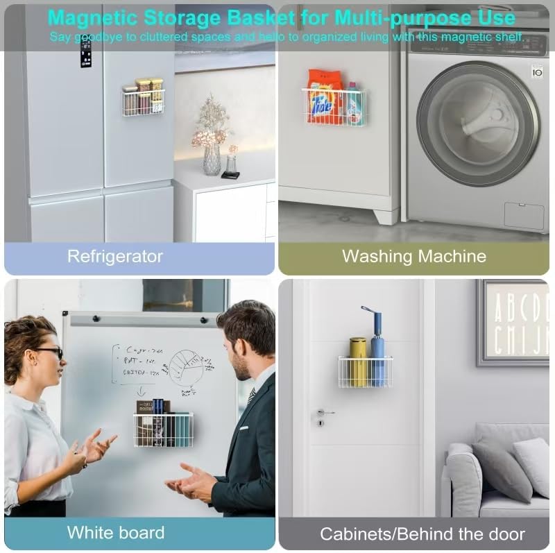 Magnetic Metal Basket Organizers, 2 Pack Large & Small, White, Strong Magnet Hanging Wire Storage Basket, Refrigerator/Whiteboard Classroom/Locker