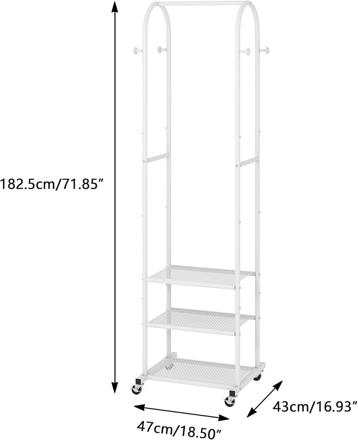 Heavy Duty Clothing Rack with Wheels,Modern Garment Rack with 3 Metal Shelves, 71.8Inches Display Rack for Hanging Clothes, Hanging Rod for Small Spaces,White