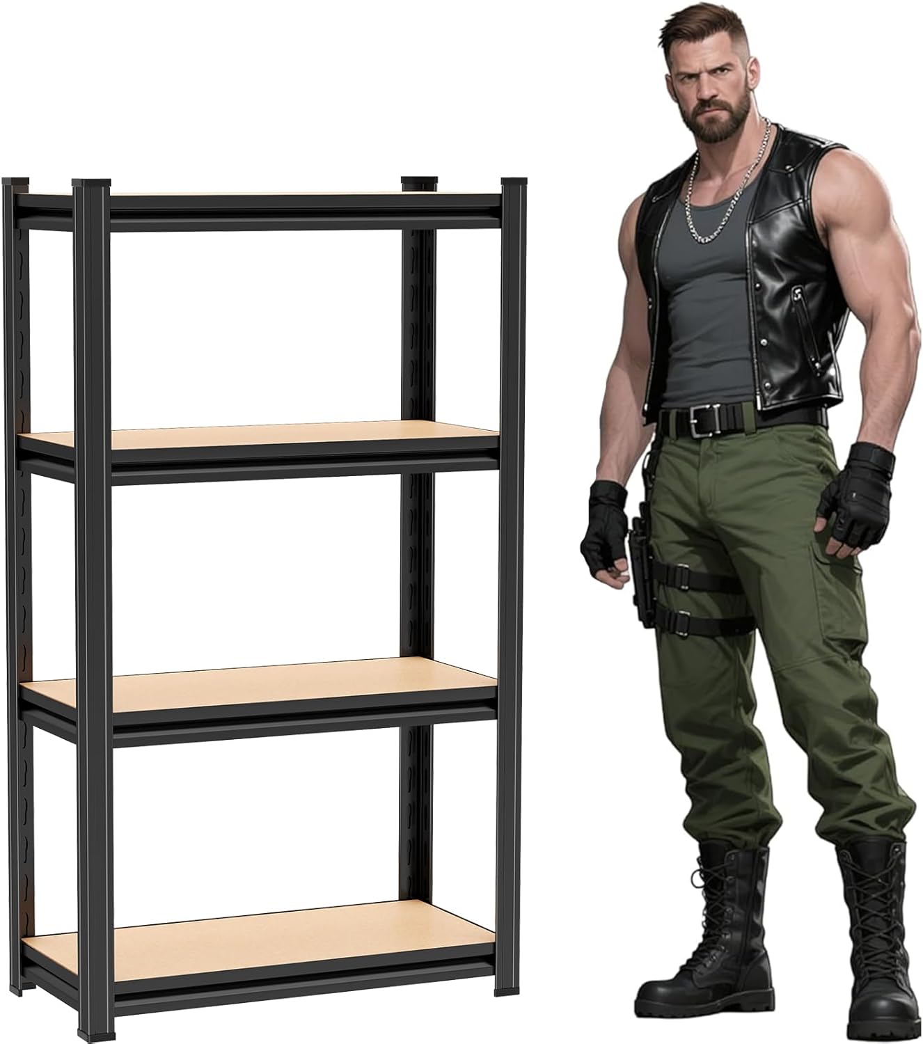 Wooden Garage Shelving, 4-Tier Storage Shelves, Double-Layer Uprights, Thickened Shelves, Waterproof &Rustproof, Suitable for Garage, Kitchen, Living Room. (24''W*12''D*46''H