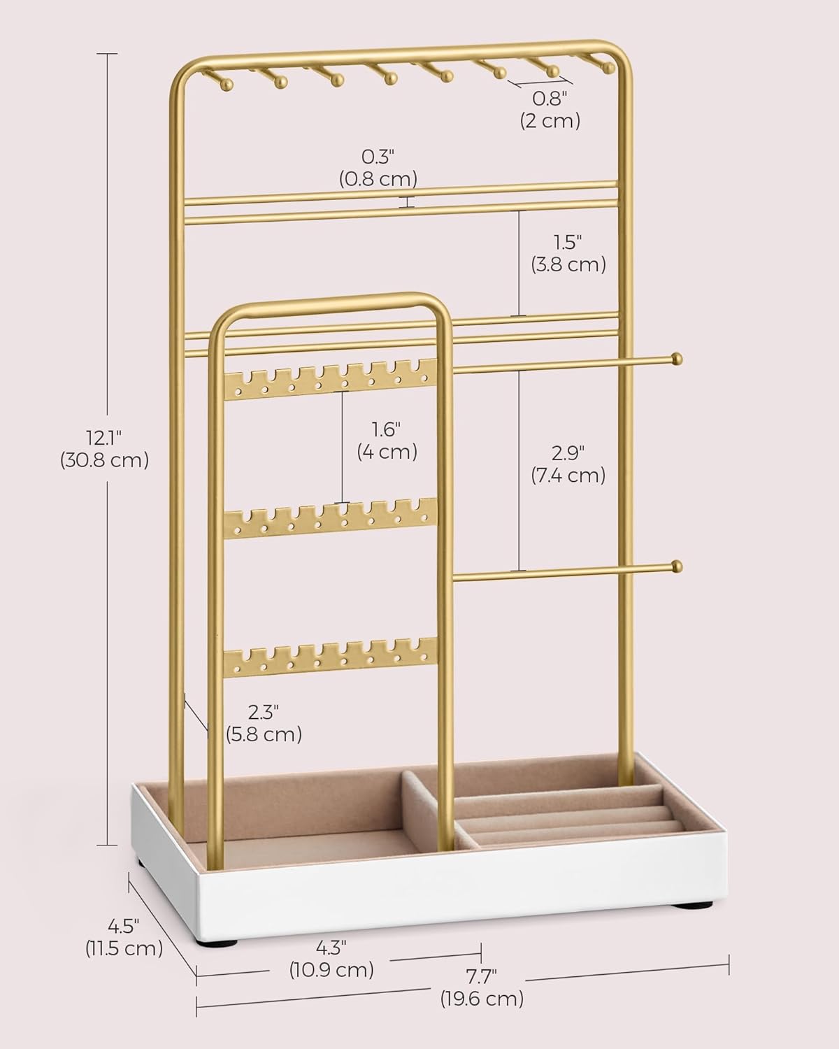 SONGMICS Jewelry Holder, Jewelry Organizer, Jewelry Display Stand with Metal Frame, Velvet Tray, Necklace Earring Bracelet Holder, for Studs, Rings, Christmas Gift, Pale Gold UJJS021A01