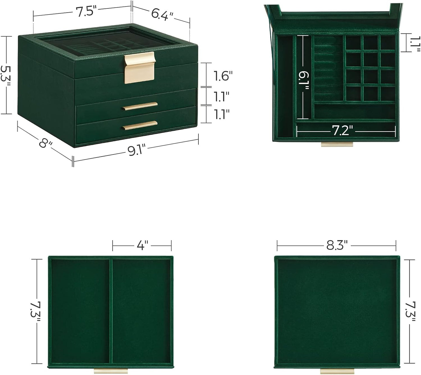SONGMICS Jewelry Box Organizer with Glass Lid, 3-Layer Jewelry Storage, with 2 Drawers, Modern Style, Christmas Gift, 8 x 9.1 x 5.3 Inches, Forest Green and Gold Color UJBC239C01