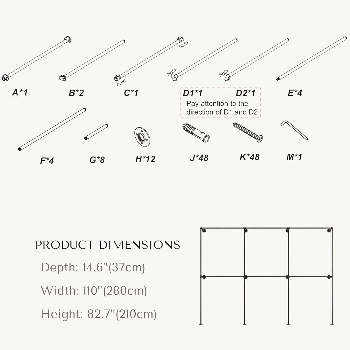 Industrial Pipe Clothing Rack, Heavy Duty Wall Mounted Clothes Rack,Retail Display Hanging Garment Rod for Laundry Rooms, Closet Storage, 14.6x110x82.7 Inches, Model K04