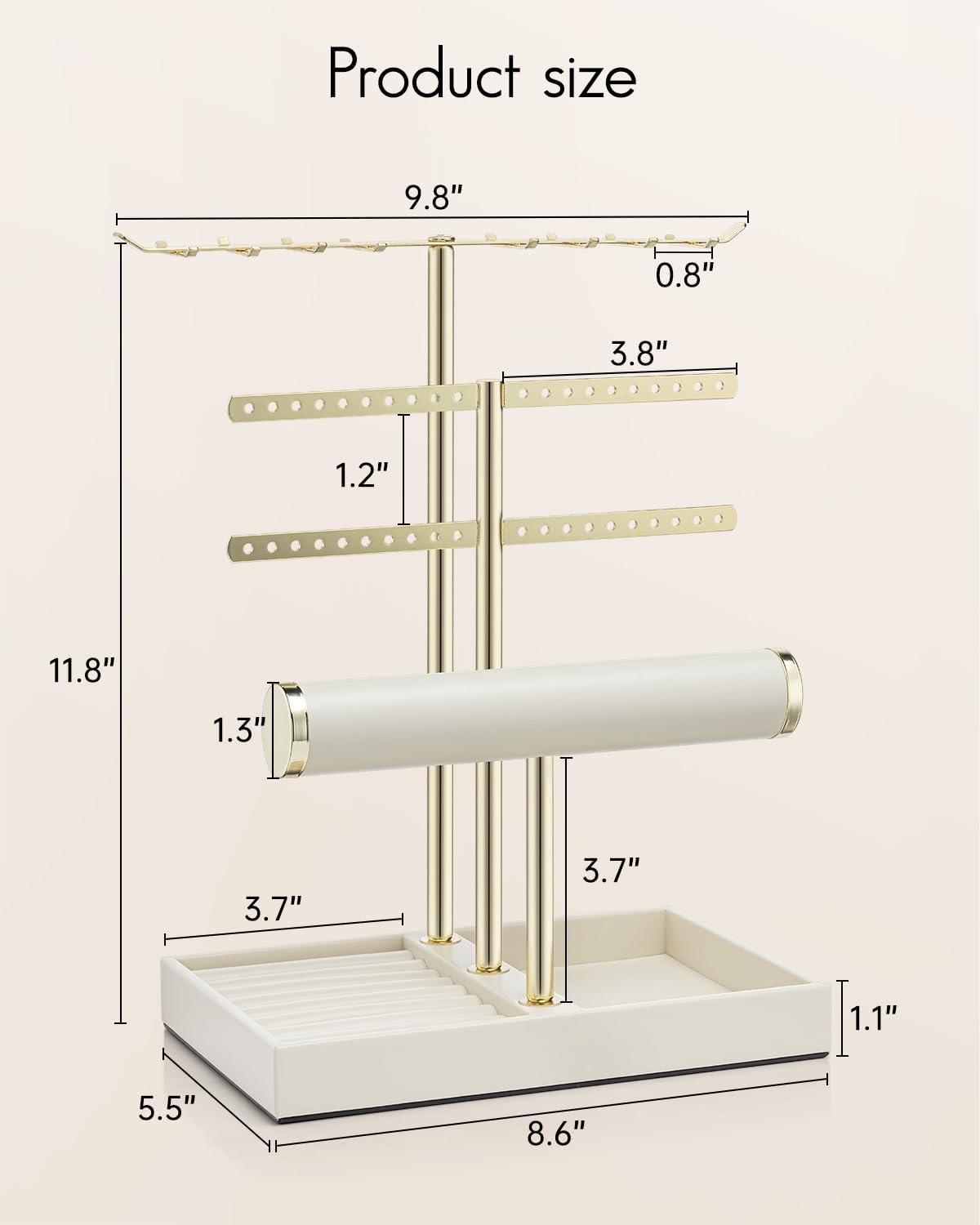 Vlando 3 Tier Jewelry Stand Organizer with Tary, Leather Jewelry Holder Display for Women, Gold Jewlery Holder Display for Necklace, Earring, Bracelet, Rings - Cloud White