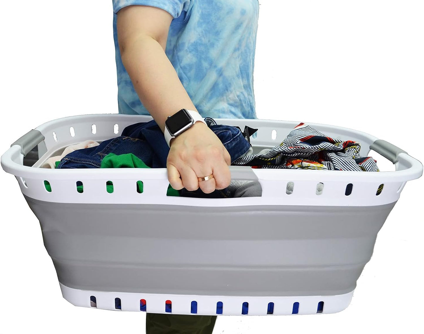 SAMMART 44L Collapsible Plastic Laundry Basket - Foldable Pop Up Storage Container/Organizer - Portable Washing Tub - Space Saving Hamper/Basket (1, White/Grey), Size: 25.4 x 17.3 x 10.2 inches