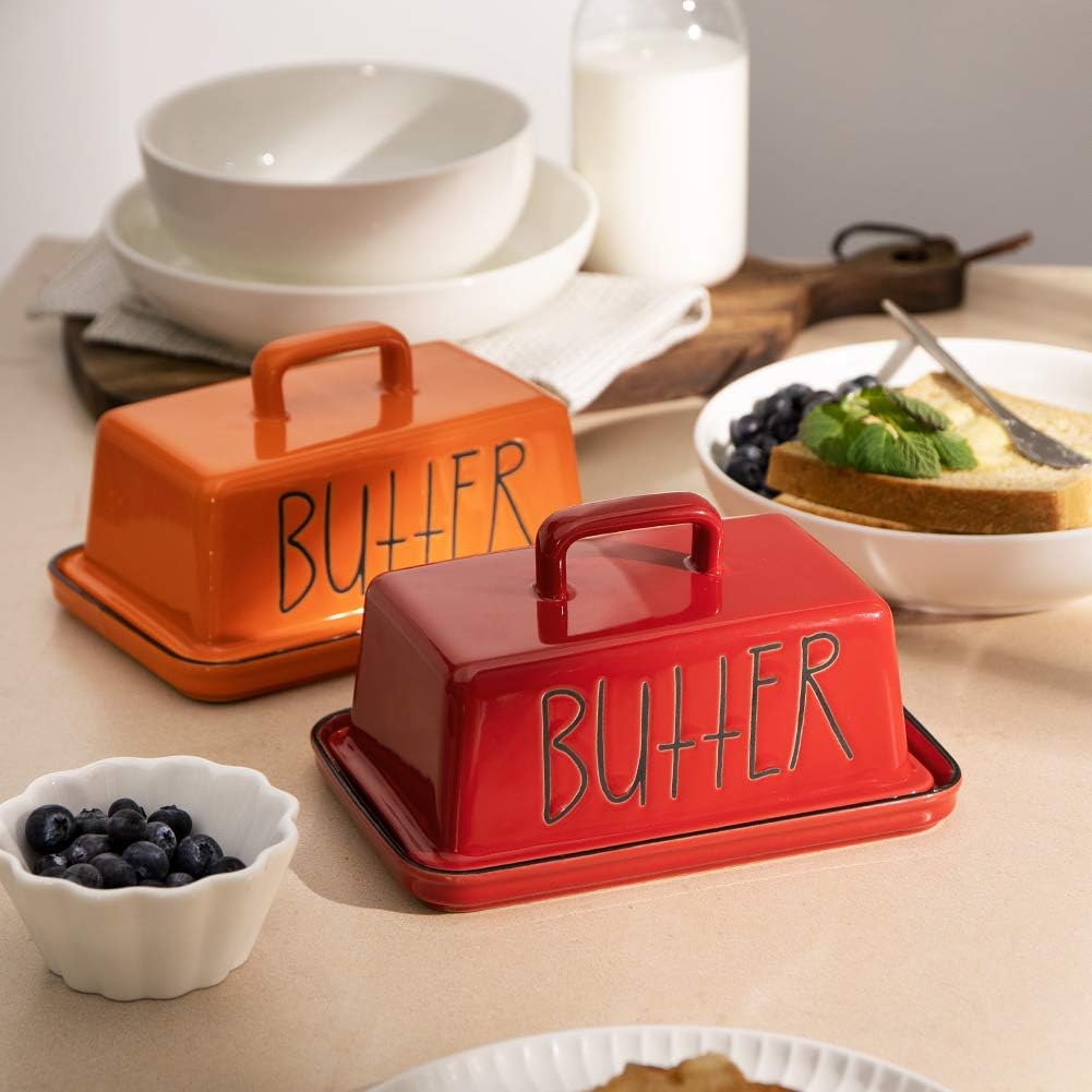 Sweejar Ceramic Butter Dish with Handle Lid, 7.3 Inch Porcelain Large Butter Keeper with Cover, Perfect for East/West Butter (Orange)