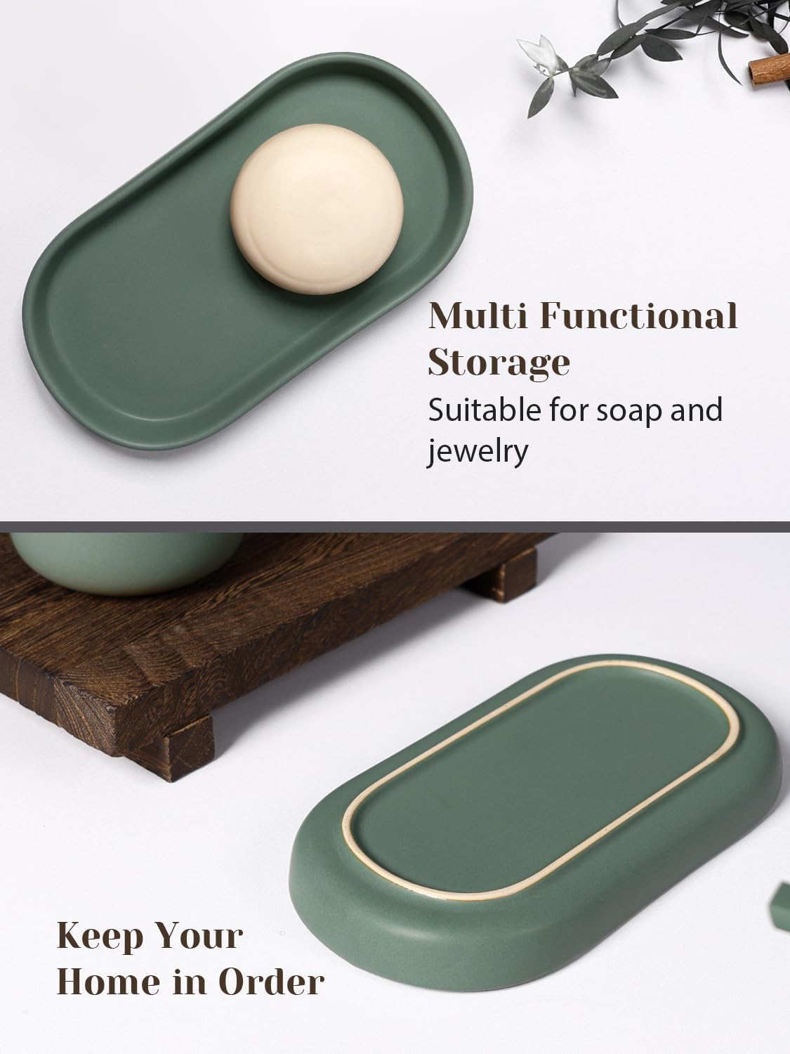 INGOFIN 3 Pcs Ceramic Bathroom Accessory Set - Foam Soap Dispenser, Toothbrush Holder & Tray, Bathroom Counter Set, Countertop Essentials for Home, Guest Bathroom, or Office Use, Matte Green