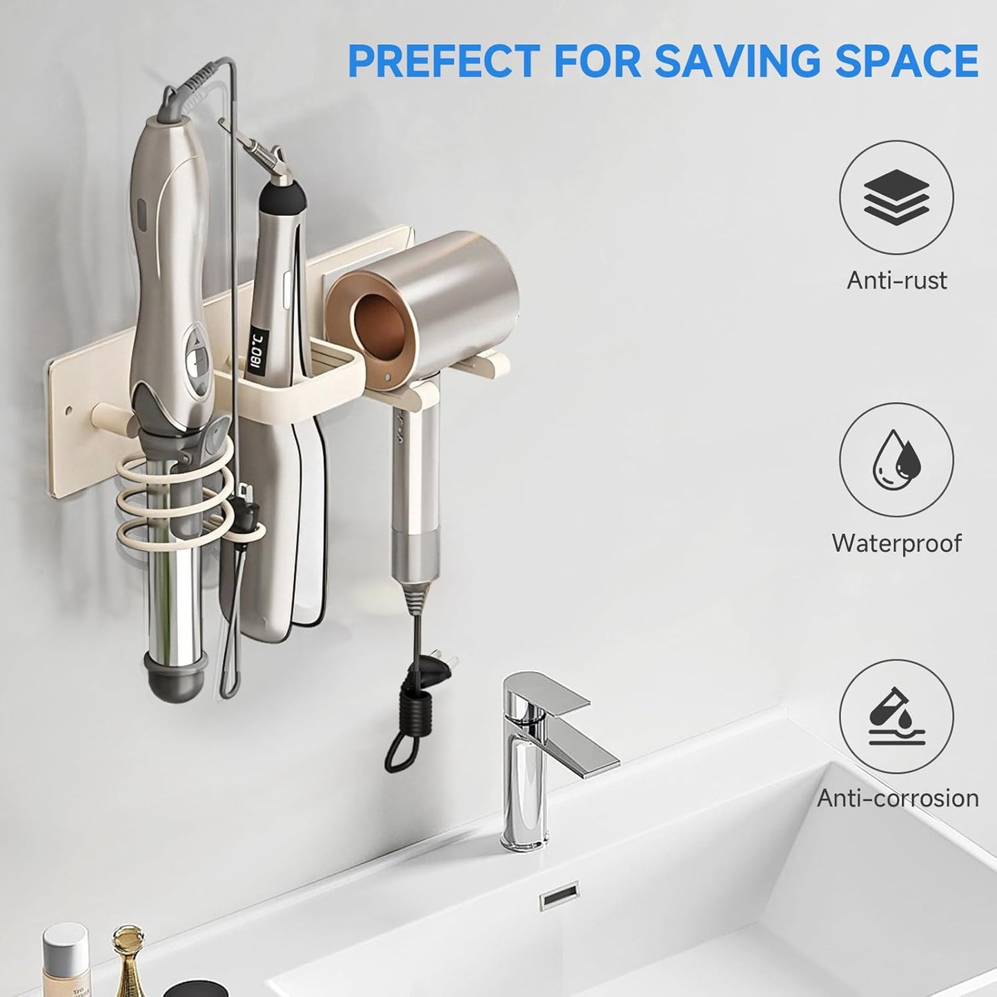 Hair Dryer Holder Wall Mounted,Blow Dryer, Curling Iron, Straightener Holder 3 in 1 Bathroom Metal Hair Tool Organizer Rack-White-2