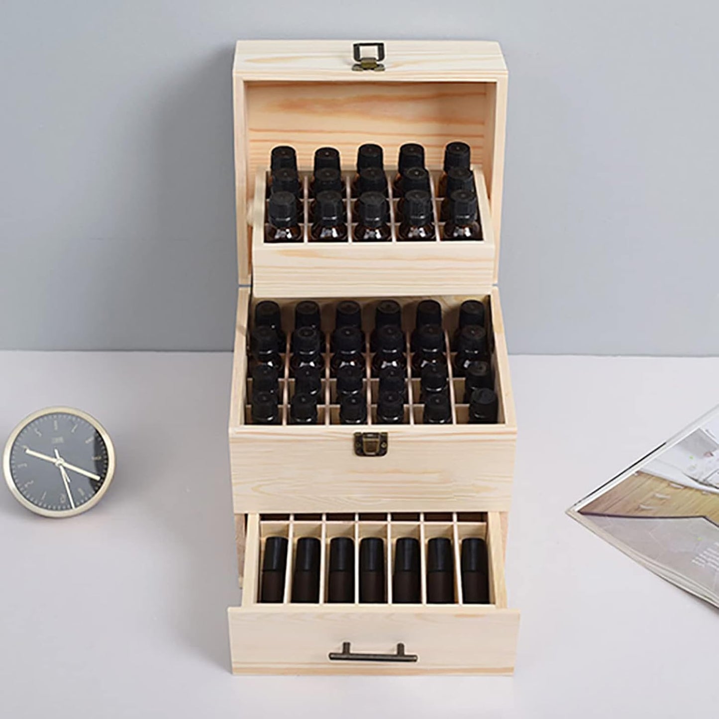 3 Tiers Essential Oil Storage Box, Wooden Perfume Bottle Display Organizer Case w/59 Slots, for 15 ml Bottles Nail Polish Collection Holder