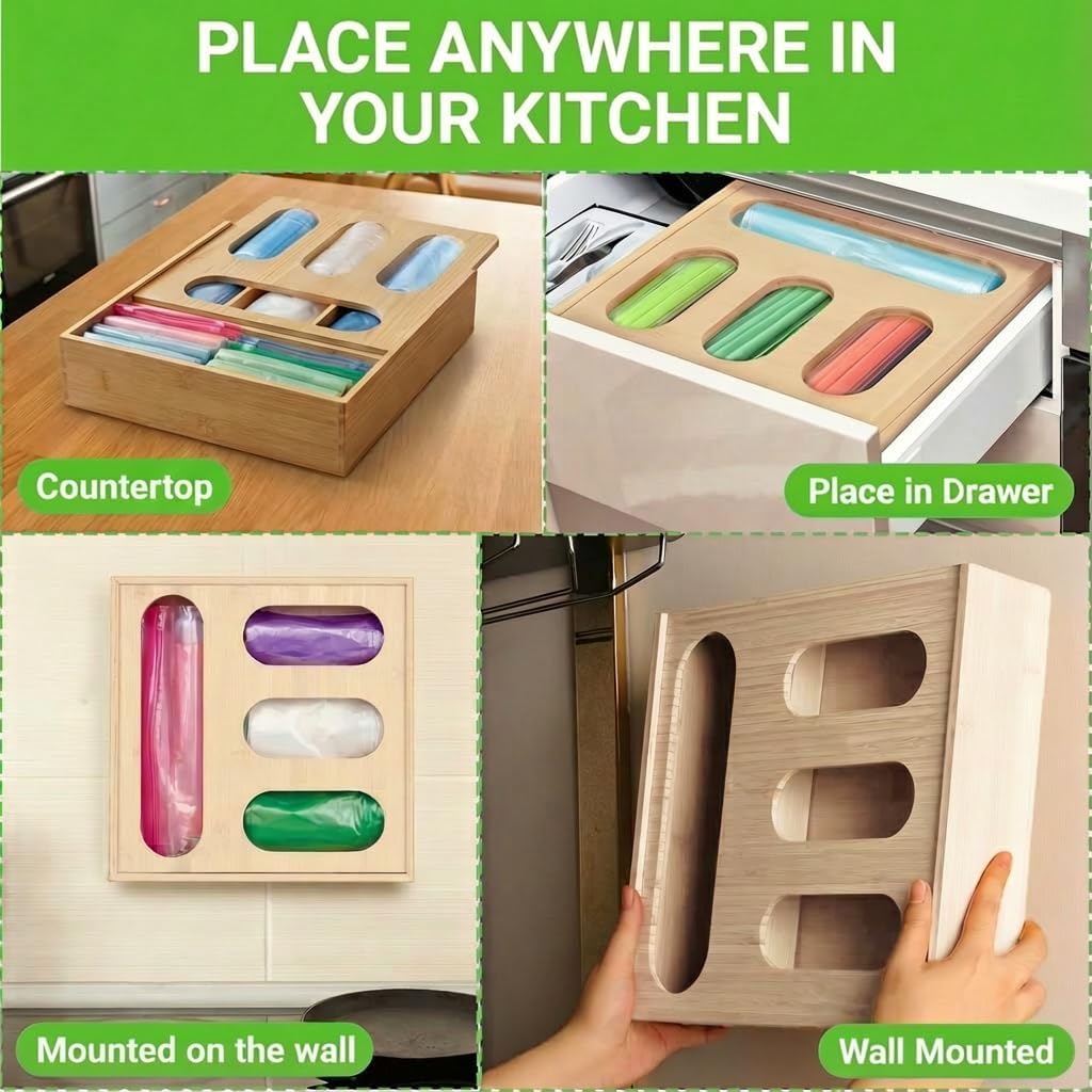 Baggie Organizer for Drawer, Wooden 4 Slot Zip Lock Storage Bag Organizer Holder - Wall Mounted Kitchen Food Baggie Dispenser Compatible with Sandwich Snack Gallon Quart Tea Slider Bags