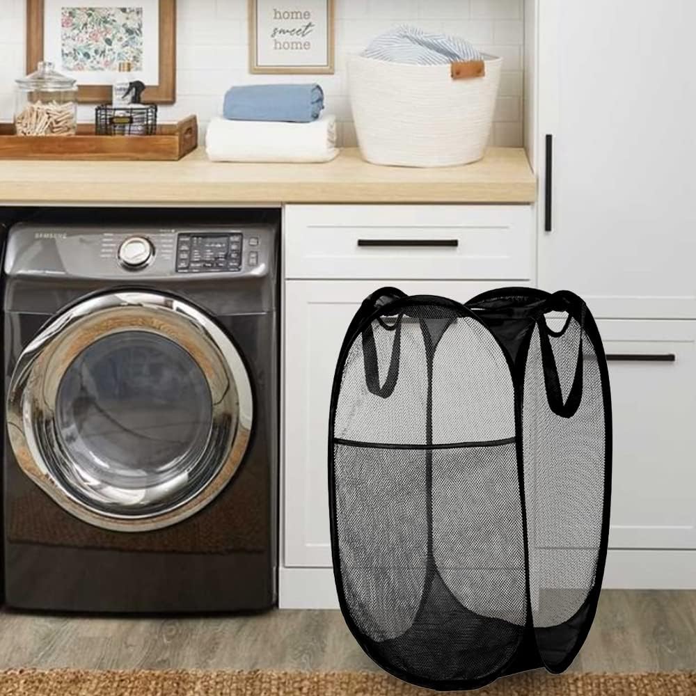 BATTOO Deluxe Collapsible Laundry Baskets Mesh Pop Up Hampers for Laundry with Side Pocket Reinforced Handles for Laundry Room, Bathroom, Kids Room, College Dorm or Travel Black