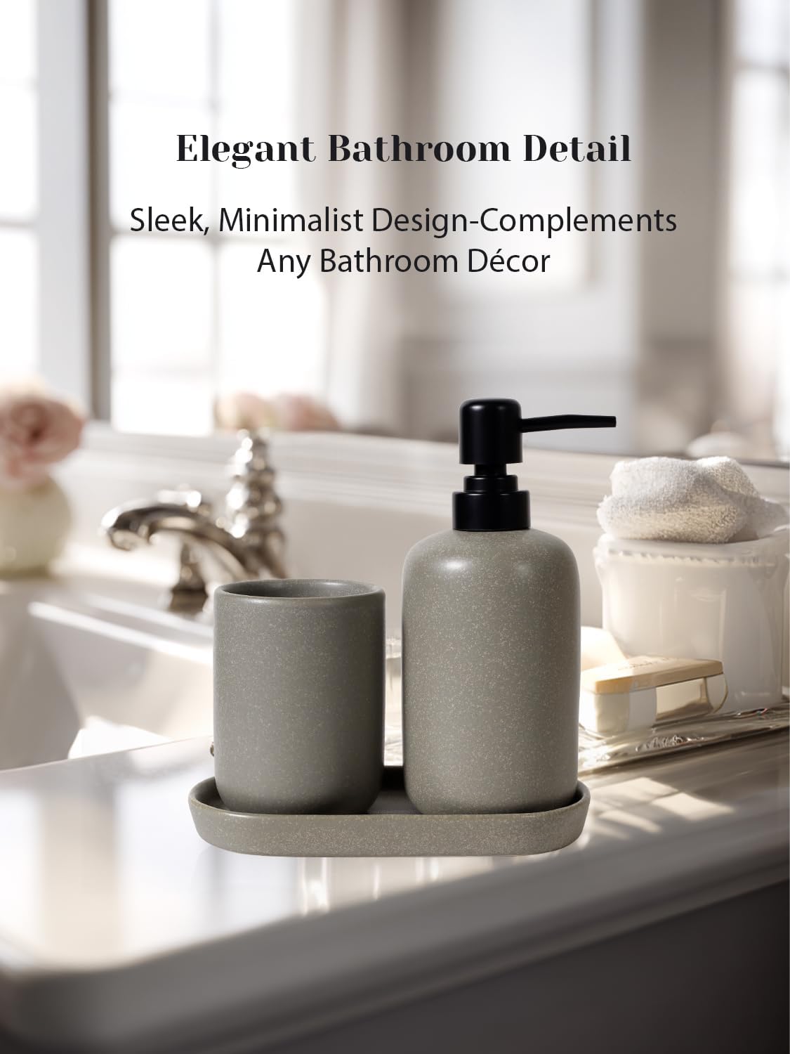 INGOFIN 3 Pcs Ceramic Bathroom Accessory Set - Liquid Soap Dispenser, Toothbrush Holder & Tray, Bathroom Counter Set, Countertop Essentials for Home, Guest Bathroom, or Office Use, Grey
