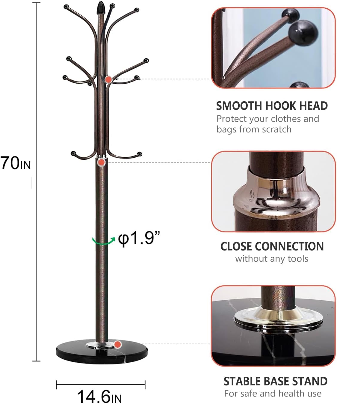 Kertnic Metal Coat Rack Stand with Natural Marble Base, Free Standing Hall Tree with 12 Hooks for Hanging Scarf, Bag, Jacket, Home Entry-way Hat Hanger Organizer (Bronze)