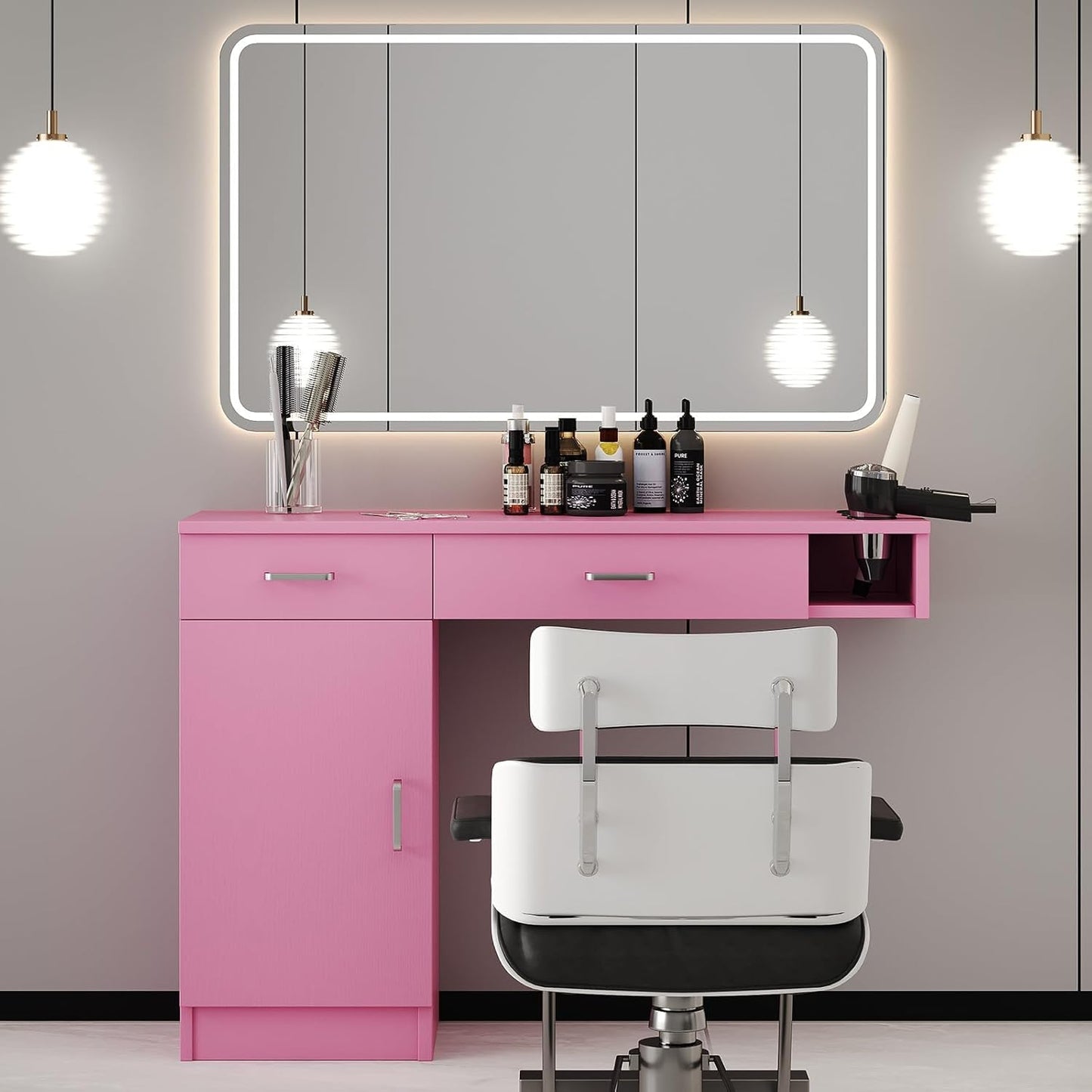 4ever2buy Salon Stations for Hair Stylist, Wall Mount Barber Station with Barber Cabinet, Hair Station Equipment Hair Dryer Holder, Drawers, Mirror not Included, Pink
