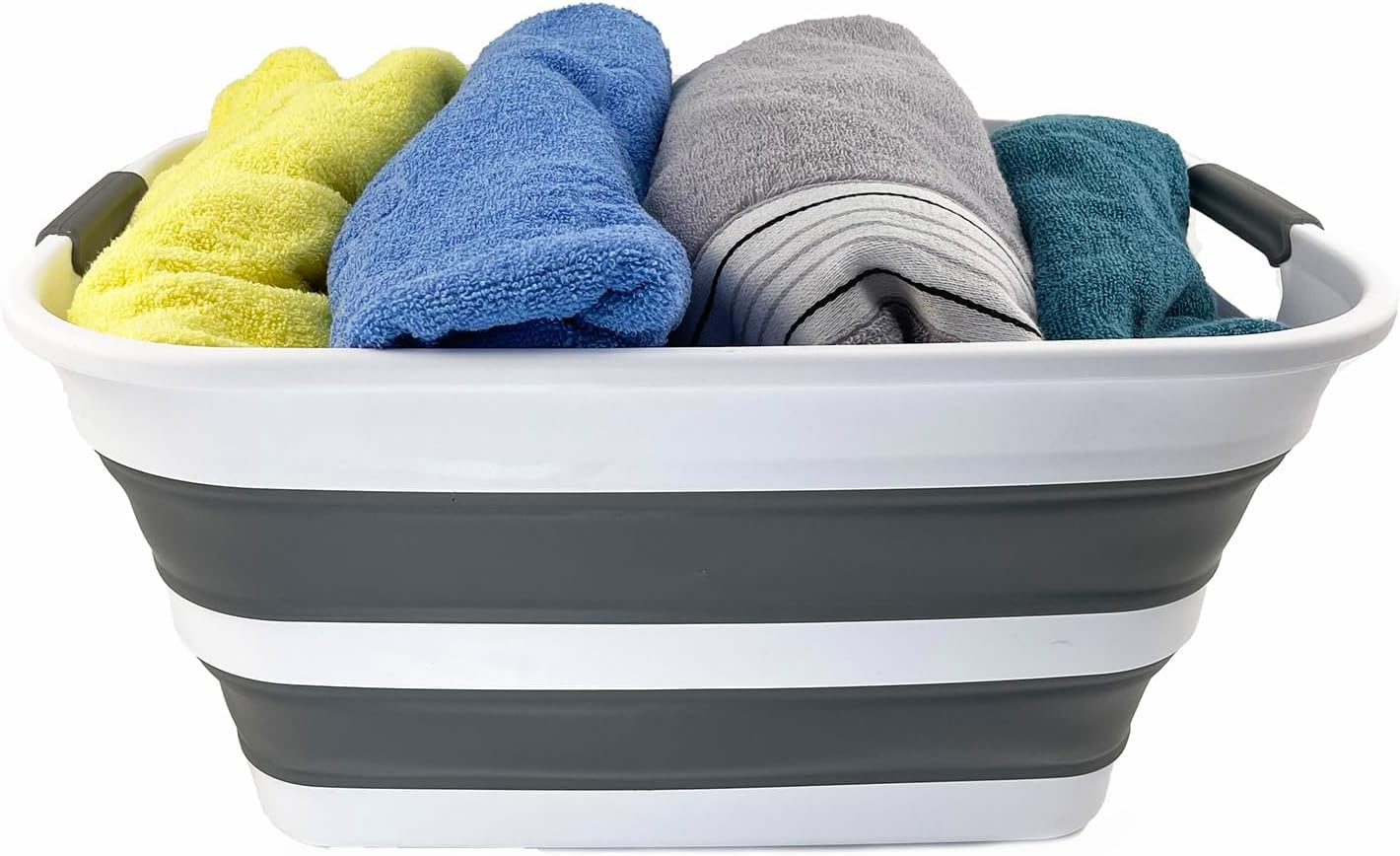SAMMART Collapsible Plastic Laundry Basket with Dual Grip Handles 27L (7.1 Gallons) -Foldable Pop Up Storage Container/Organizer - Portable Space Saving Washing Tub/Hamper (1, White/Steel Grey)