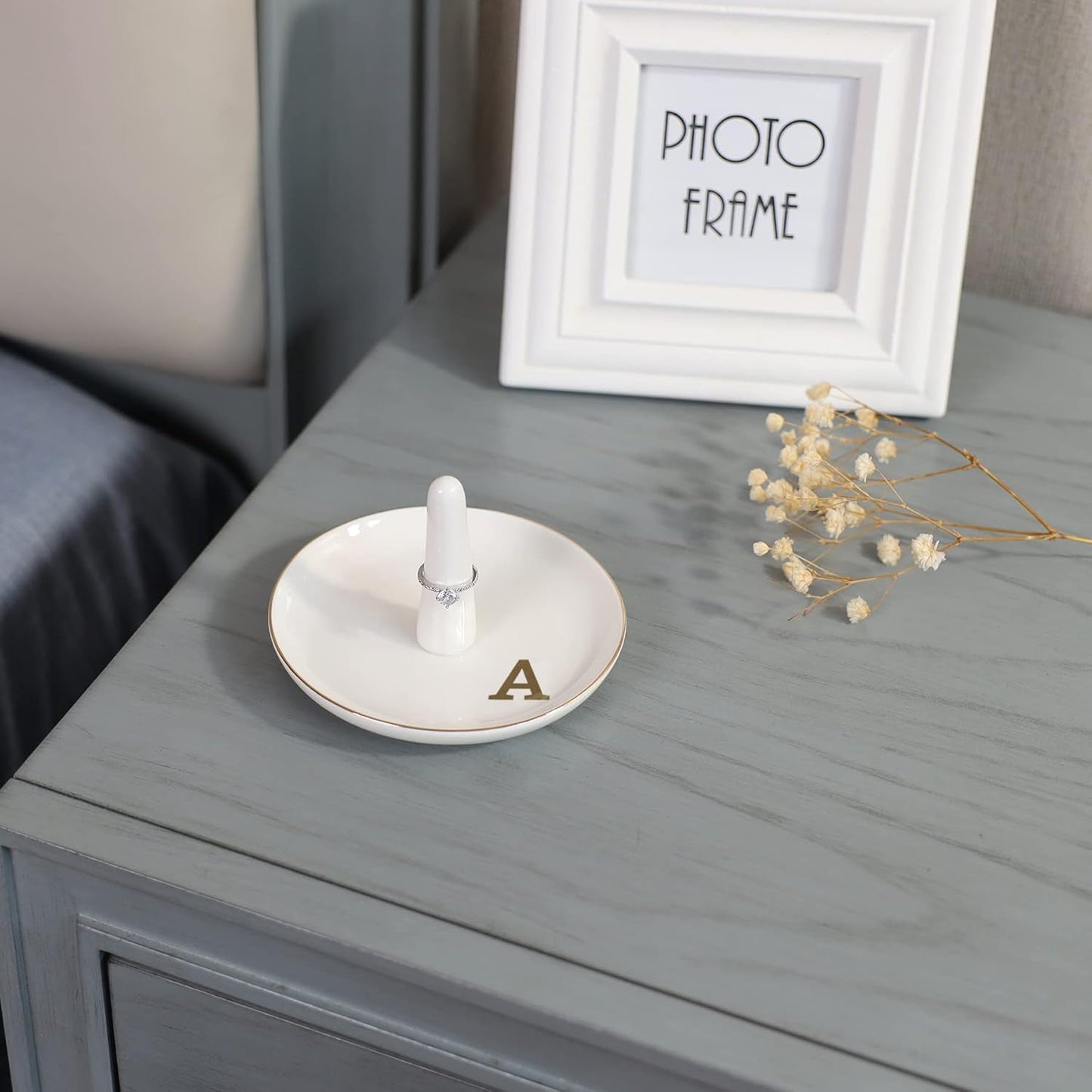 HOME SMILE Initials Ring Holder Jewery Tray with personalized A-Monogrammed Engagement Gifts for Friends,Birthday Mother's Day Christmas Gifts for Women,Ceramic White