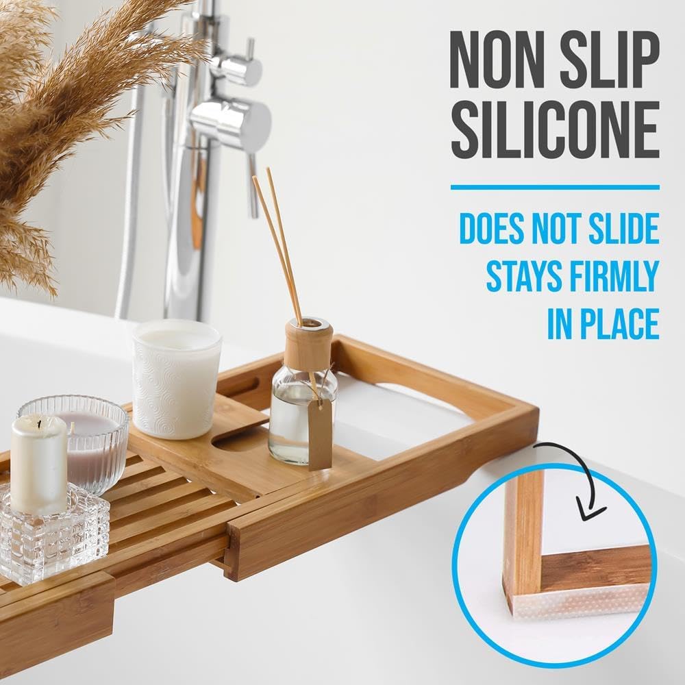 SereneLife Bamboo Bathtub Caddy with Luxury Gift Box and Red Gifting Ribbon Extendable & Adjustable Tray with Device/Book Holder with Removable Trays for Bath Accessories (Natural Color)