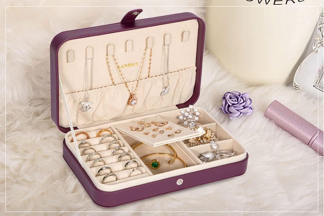 LANDICI Small Jewelry Box for Women Girls, PU Leather Travel Jewelry Case, Portable Jewelry Organizer Storage Holder Display for Ring Earrings Necklace Bracelet Bangle Men Kids Gift, Purple