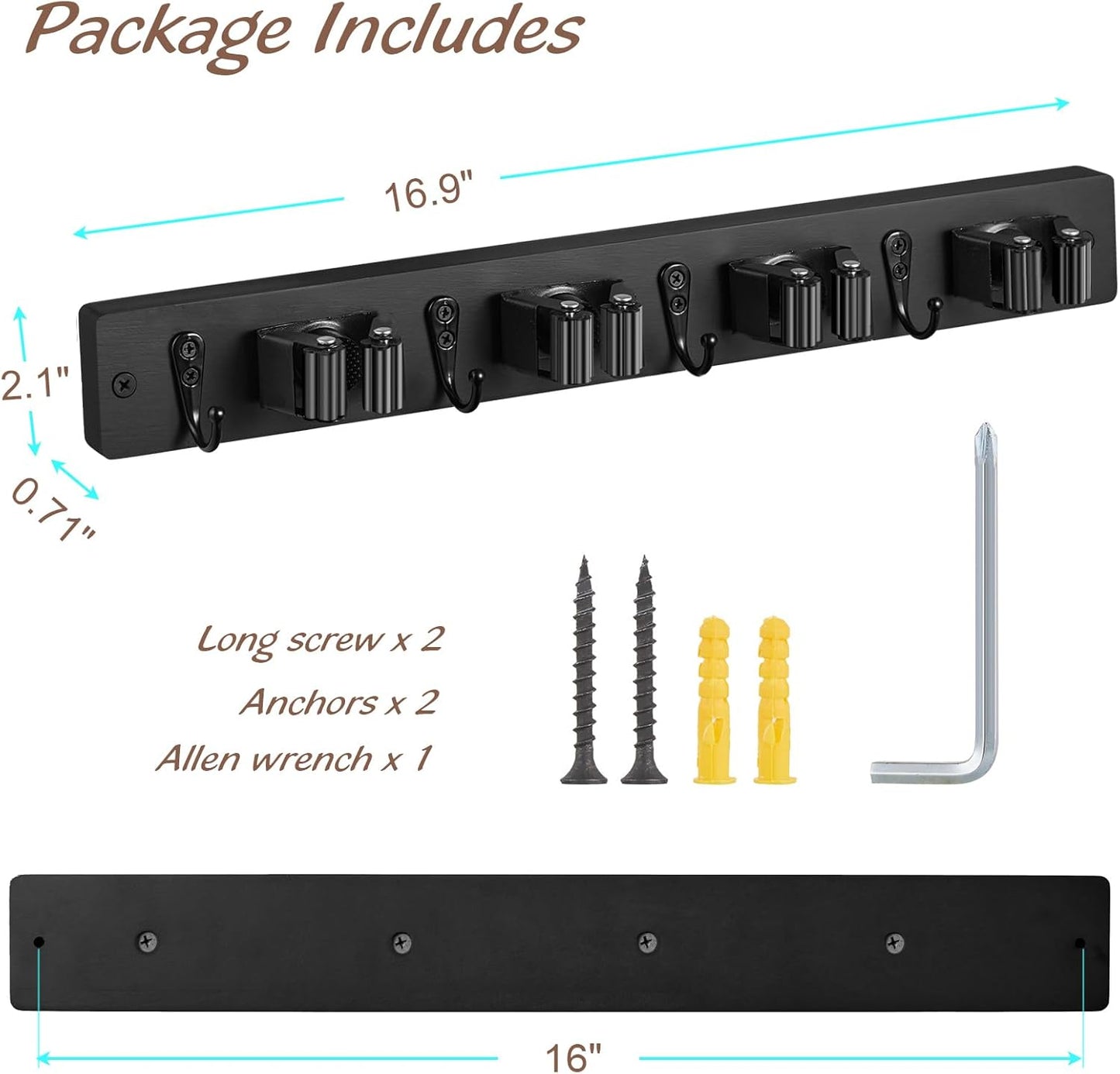 2 Pack Black Mop Broom Holder Wall Mount - Wood Broom Mop Hanger - Wall Mounted Garden Tool Rack Organizer for Closet Garage Laundry Room, 4 Slots & 4 Hooks