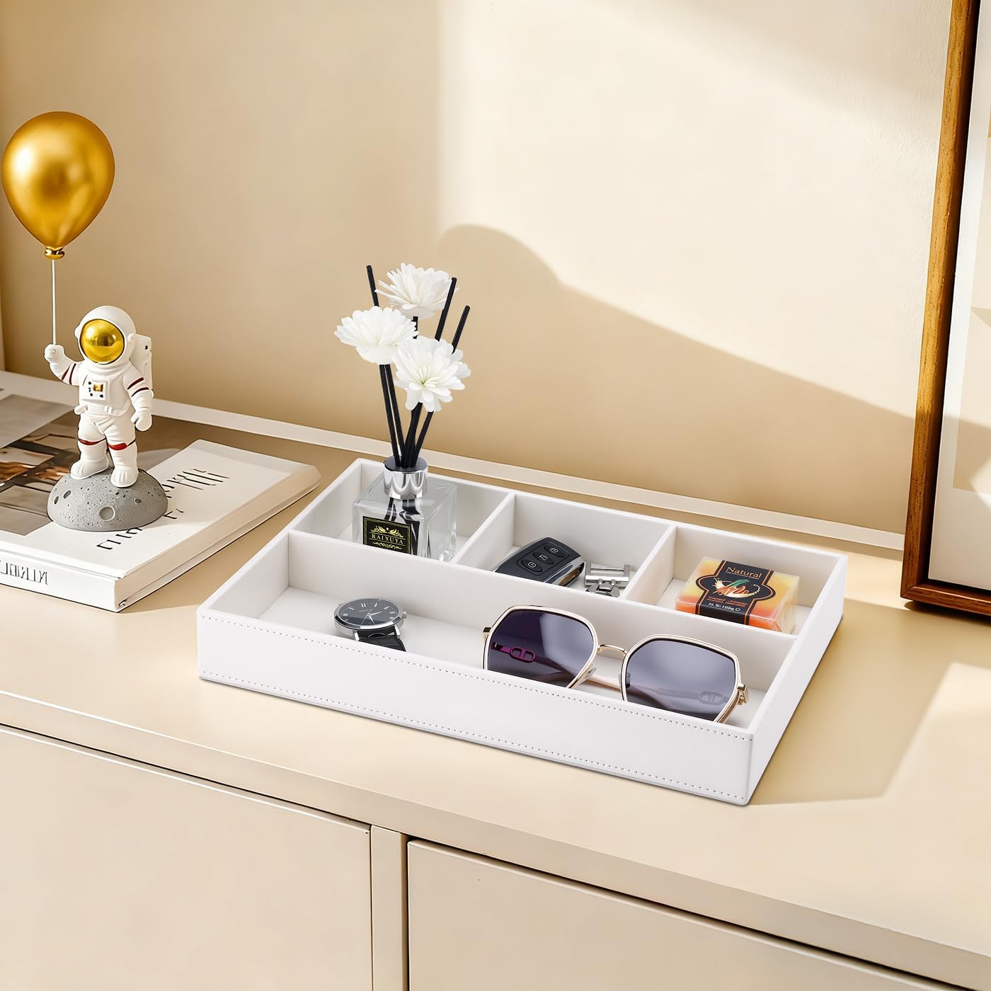 KINGFOM PU Leather Desk Drawer Organizer, 4 Compartment Office Supplies Stationery Storage Tray, Desk Organizers and Accessories Drawer Organizer Tray for Home, Makeup, Jewelry Stackable White