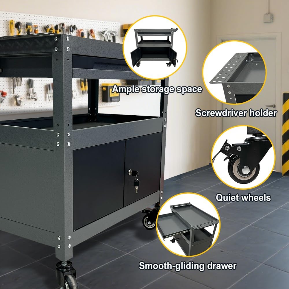 3 Tier Steel Rolling Cart for Tool Organizer, Industrial Grade Utility Service Carts with Drawer & Storage Lockable Cabinet, for Workshop Repair Shop Garage