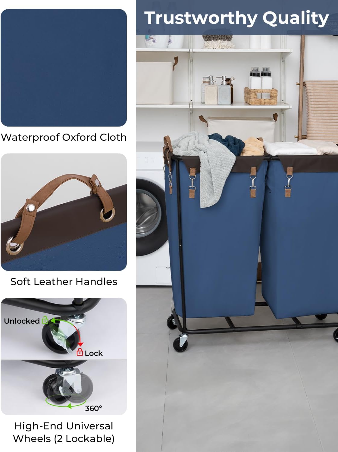 StorageWorks 390L Extra Large Lanudry Hamper with Wheels, Laundry Basket with Wheels 2 Sections, Clothes Sorter Cart with Divider for Hotel, Home, Blue, 1-Pack