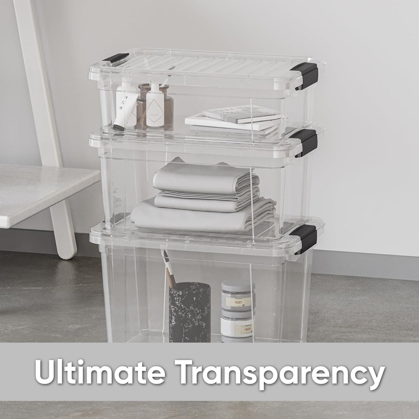 Superio Clear Storage Boxes with Lids, 26 Quart Plastic Container Bins for Organizing, Stackable Crates, BPA Free, Non Toxic, Odor Free, Organizers for Home, Office and Dorm, 8 Pack