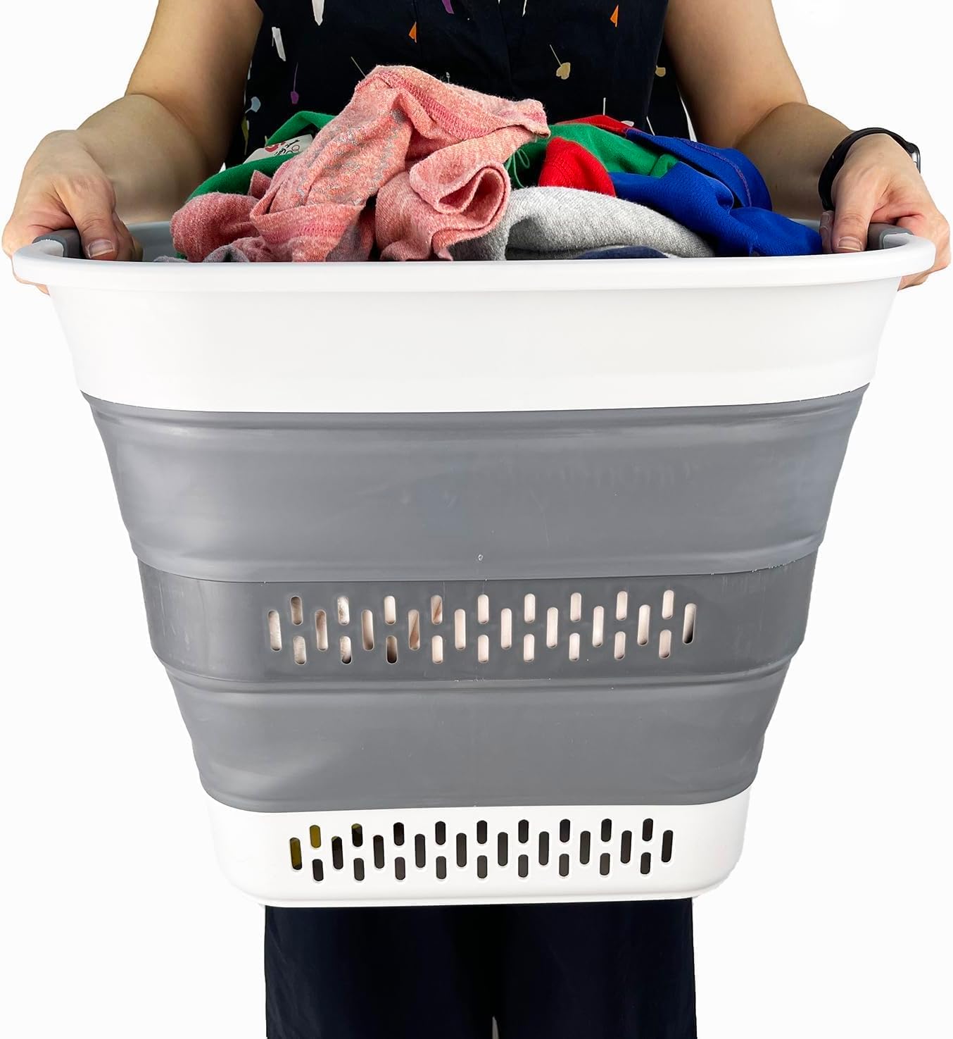 SAMMART 40L (10.5 Gallon) Collapsible Plastic Laundry Basket - Foldable Pop Up Storage Container/Organizer - Portable Laundry Hamper - Space Saving (1, Grey/Steel Grey)