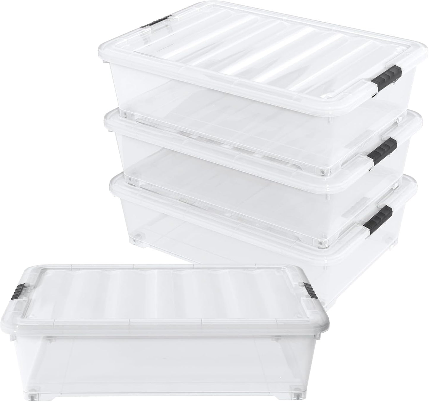 Saedy 50 L Plastic Under Bed Storage Bin with Wheels, 4 Pack Clear Latching Container Box, F