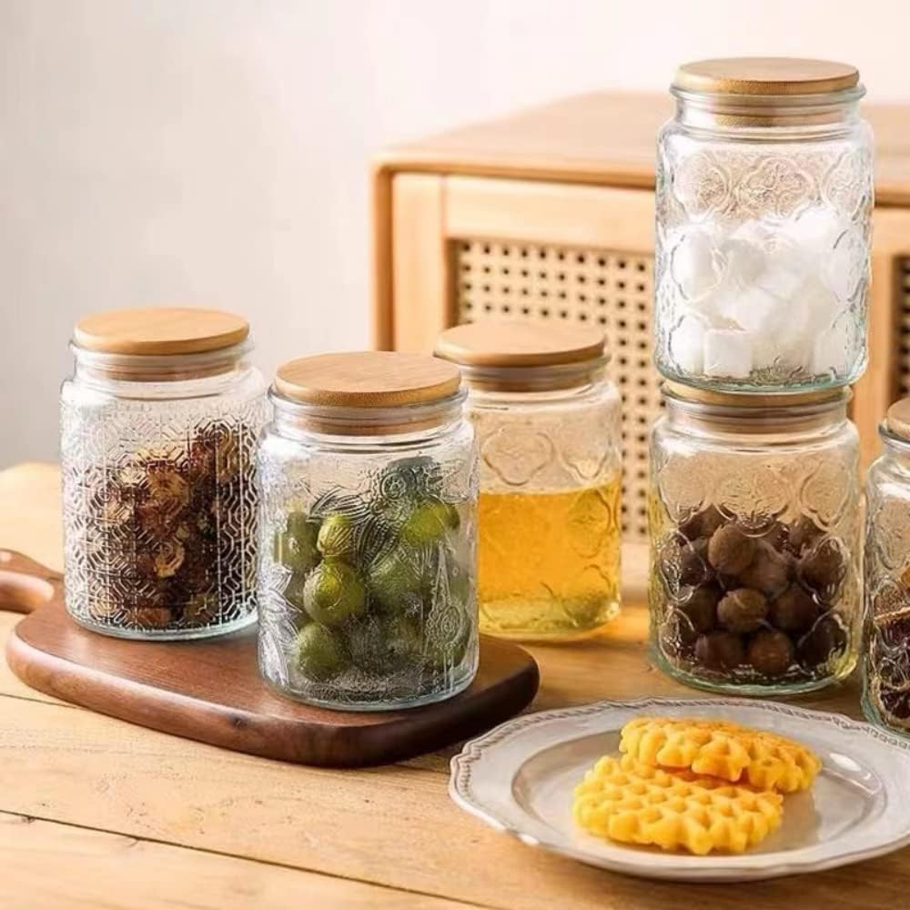 ANSQU Set of 2 Vintage Glass Jars, 23.7 FL OZ Candy Jars with Lids, Sugar Container Mason Jars for Home Kitchen Pantry, Cute Jar (Daisy & Sunflower)